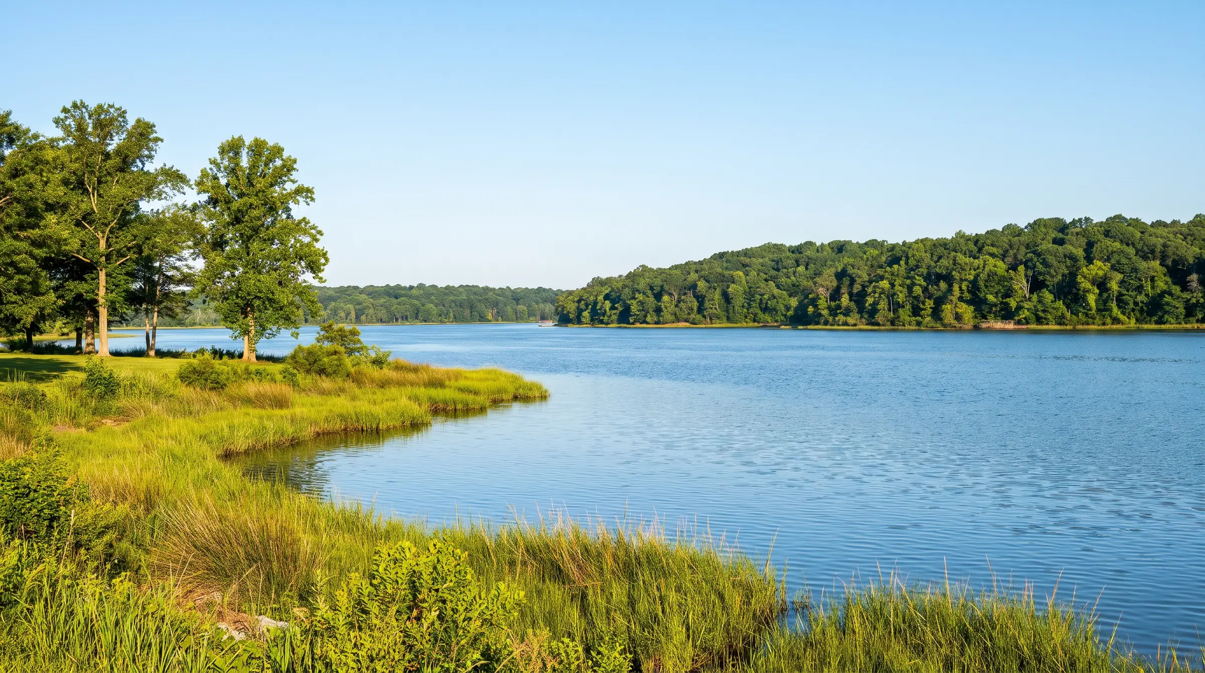 The Potomac River shoreline with marsh grass on a bright morning near Indian Head, Maryland