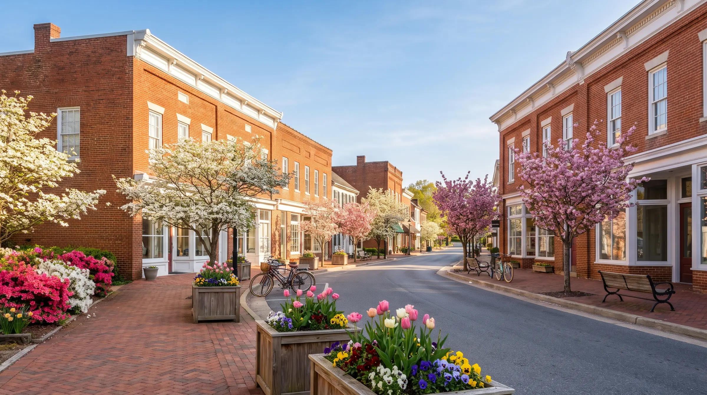 Red-brick main street with flowering trees and planters in spring, typical of La Plata, Maryland