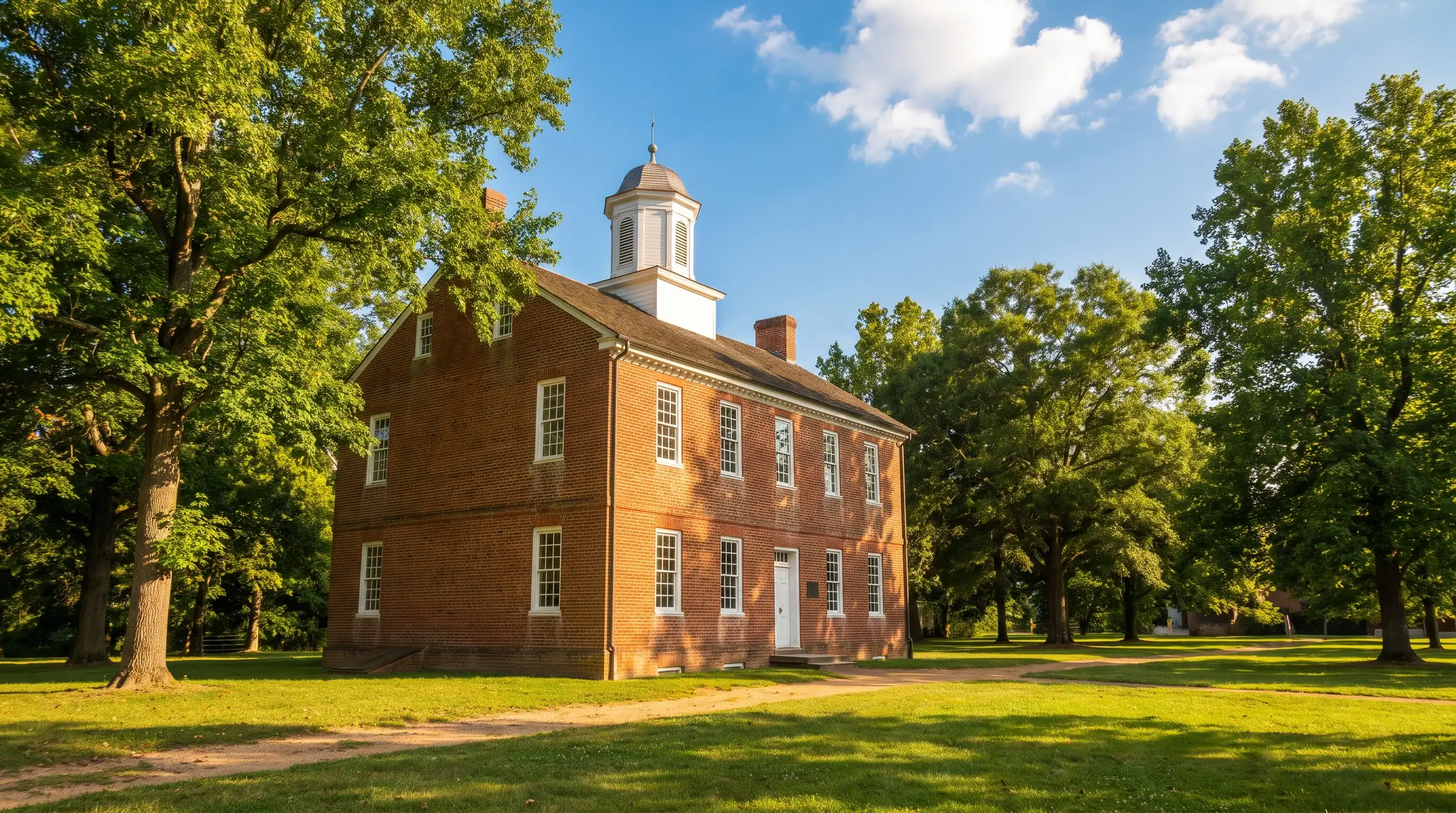 The historic red-brick Port Tobacco courthouse with its white cupola on a green lawn