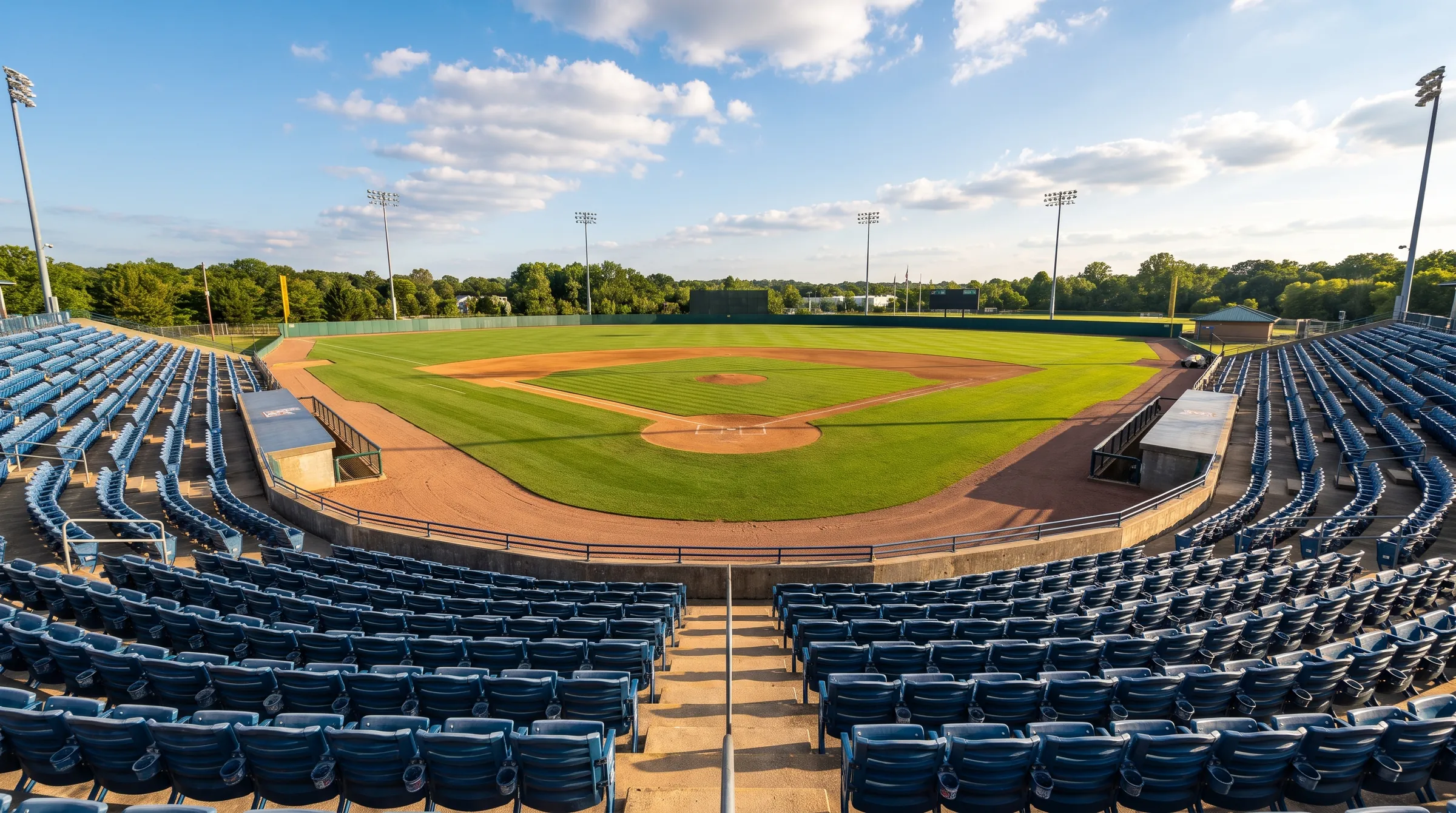 Minor-league ballpark in Waldorf, Maryland on a sunny afternoon, with green outfield and empty blue seats