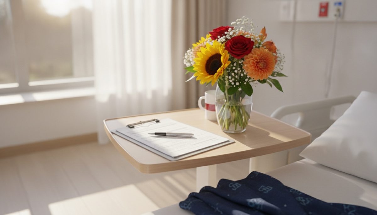 Bright hospital room with a bedside table, flowers and paperwork for a bedside notarization