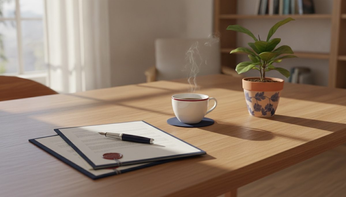 Sunlit home office desk with a coffee cup and a plant, set for a Form I-9 appointment