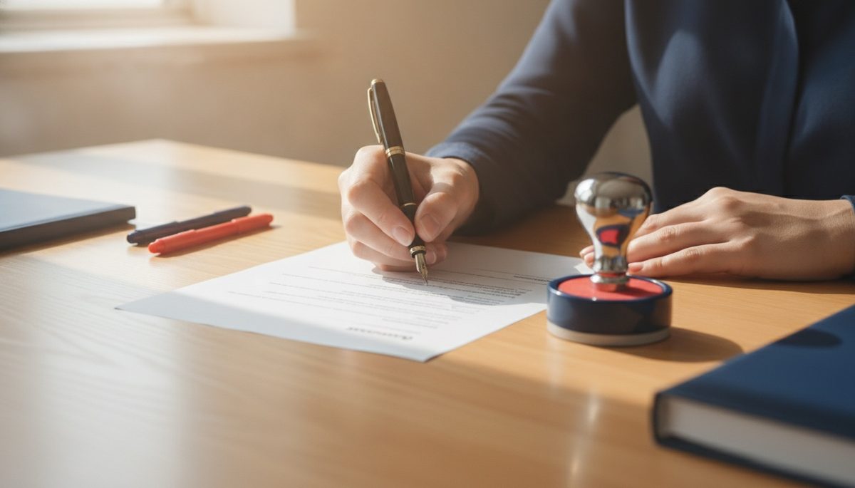 Hand signing a document beside a notary stamp on a wooden desk