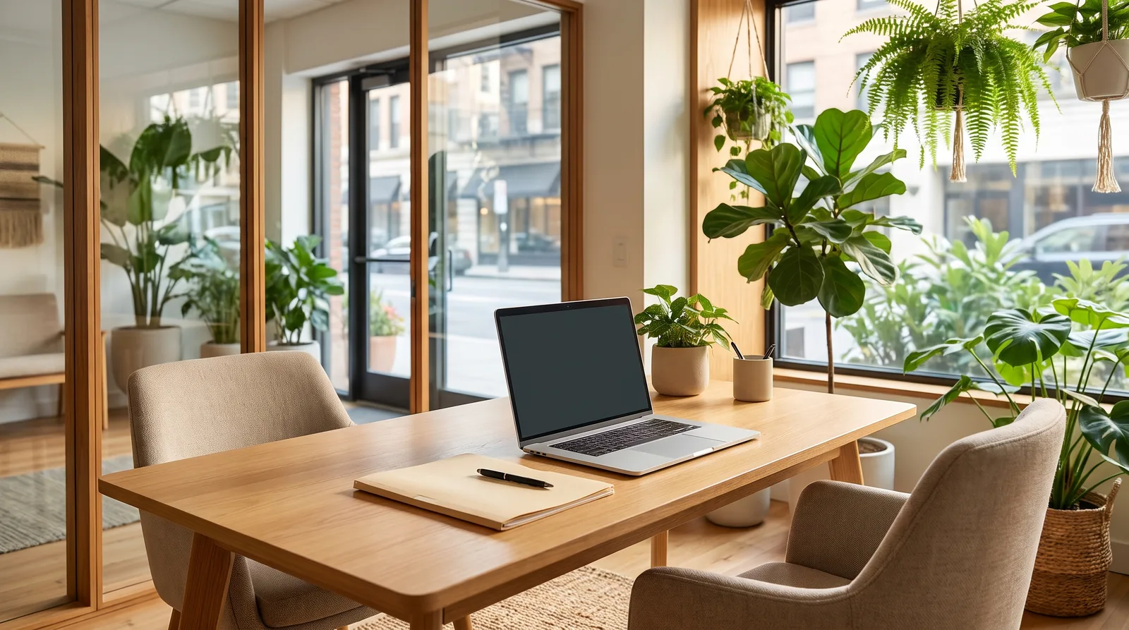 Bright office desk with a laptop and two chairs, set for a Form I-9 appointment