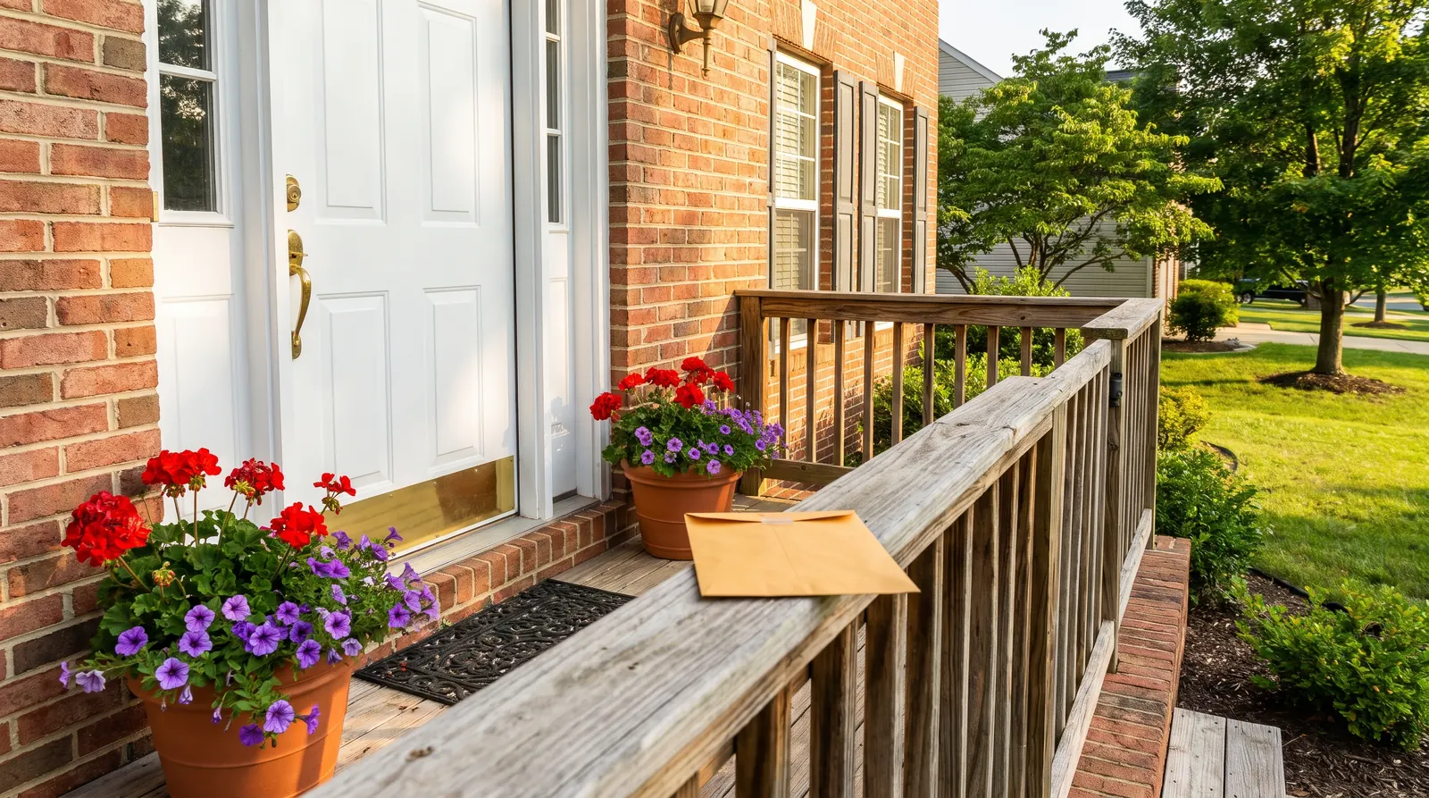 Front porch of a brick home with a sealed envelope resting on the railing