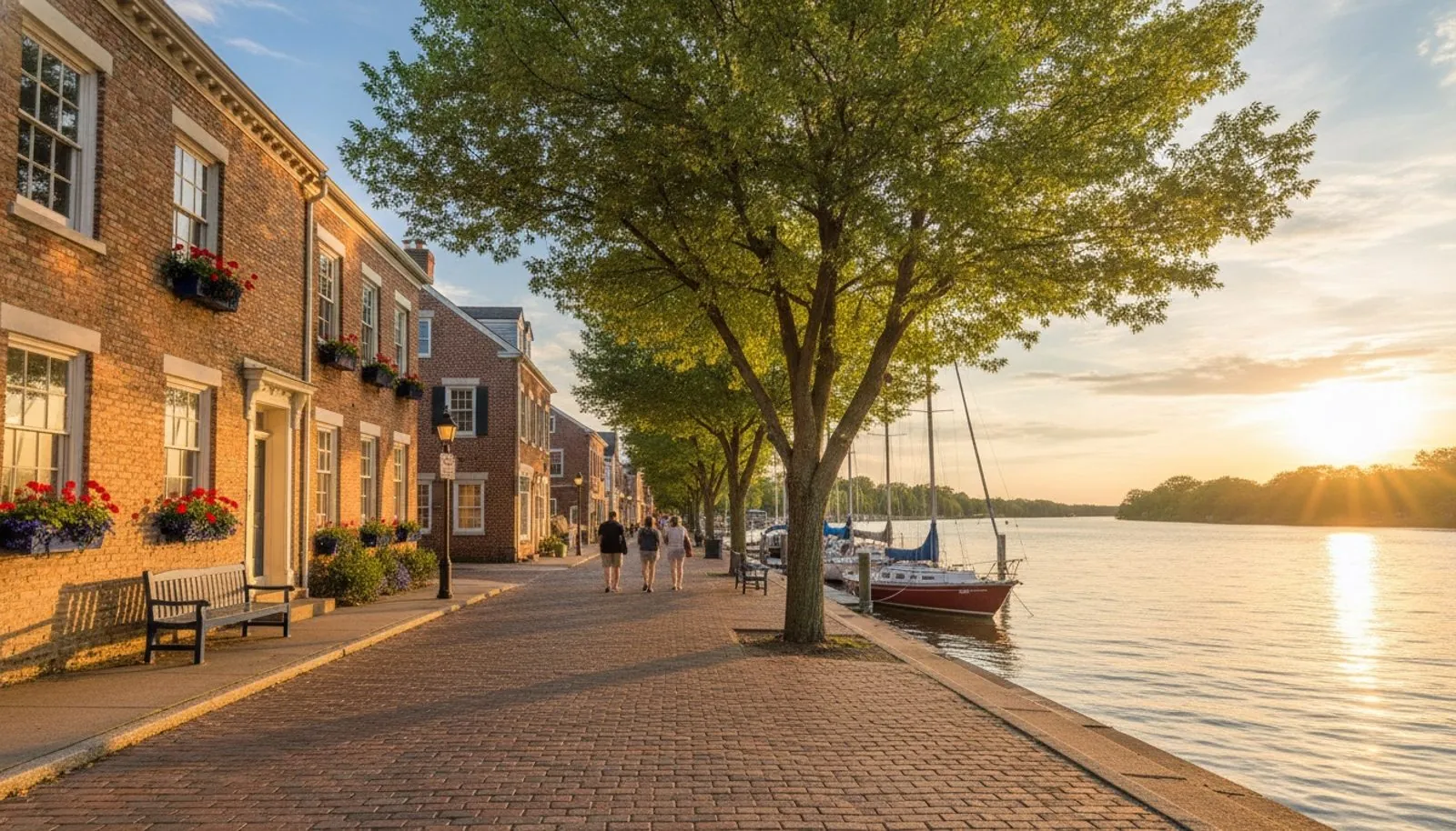 Brick waterfront street with sailboats at sunset